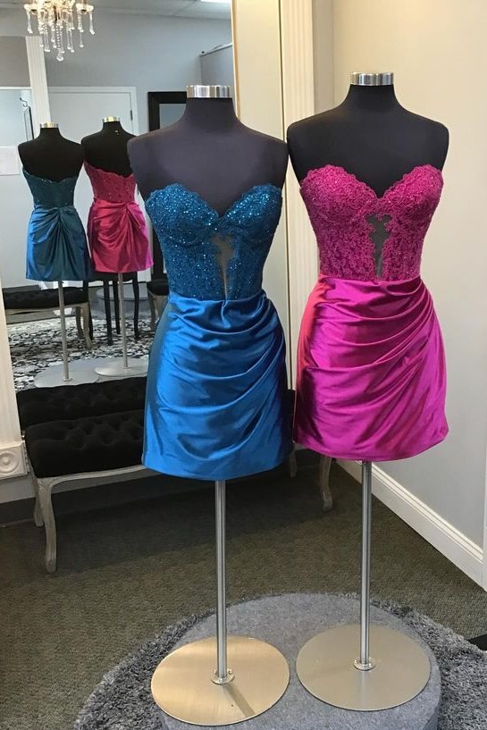 Strapless Lace Corset Ruched Satin Mini Dress with Slit
