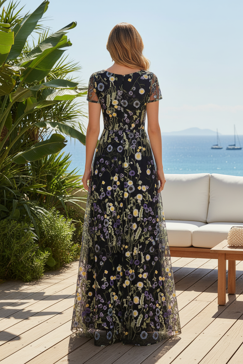 Floral Embroidered Mesh A-Line Evening Gown