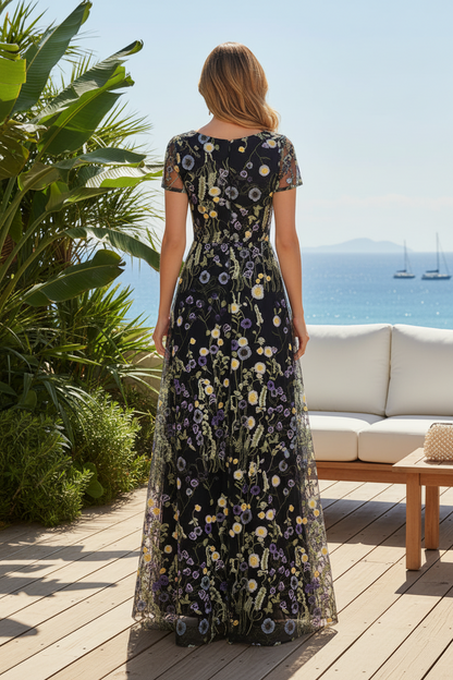 Floral Embroidered Mesh A-Line Evening Gown