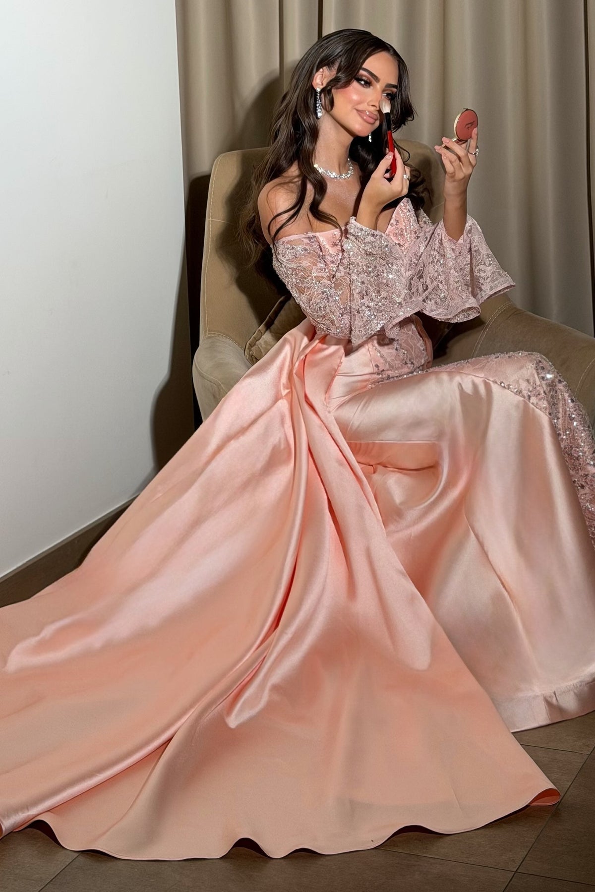Sequined Off-Shoulder Gown with Satin Overskirt