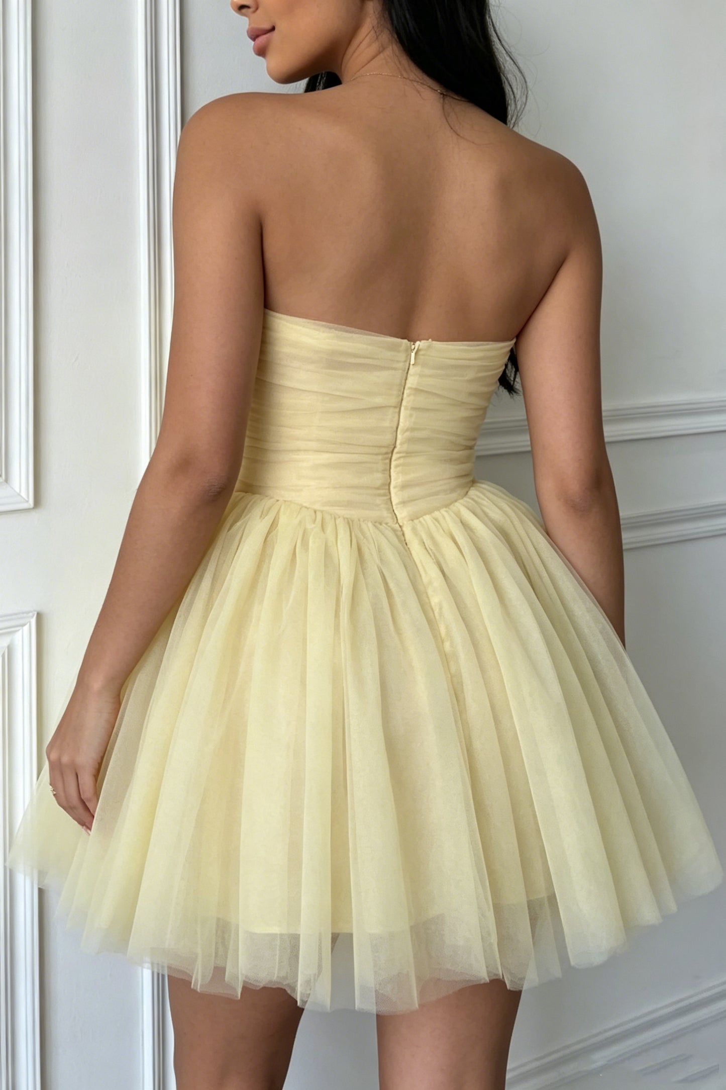 Strapless Sweetheart Ruched Tulle Mini Dress