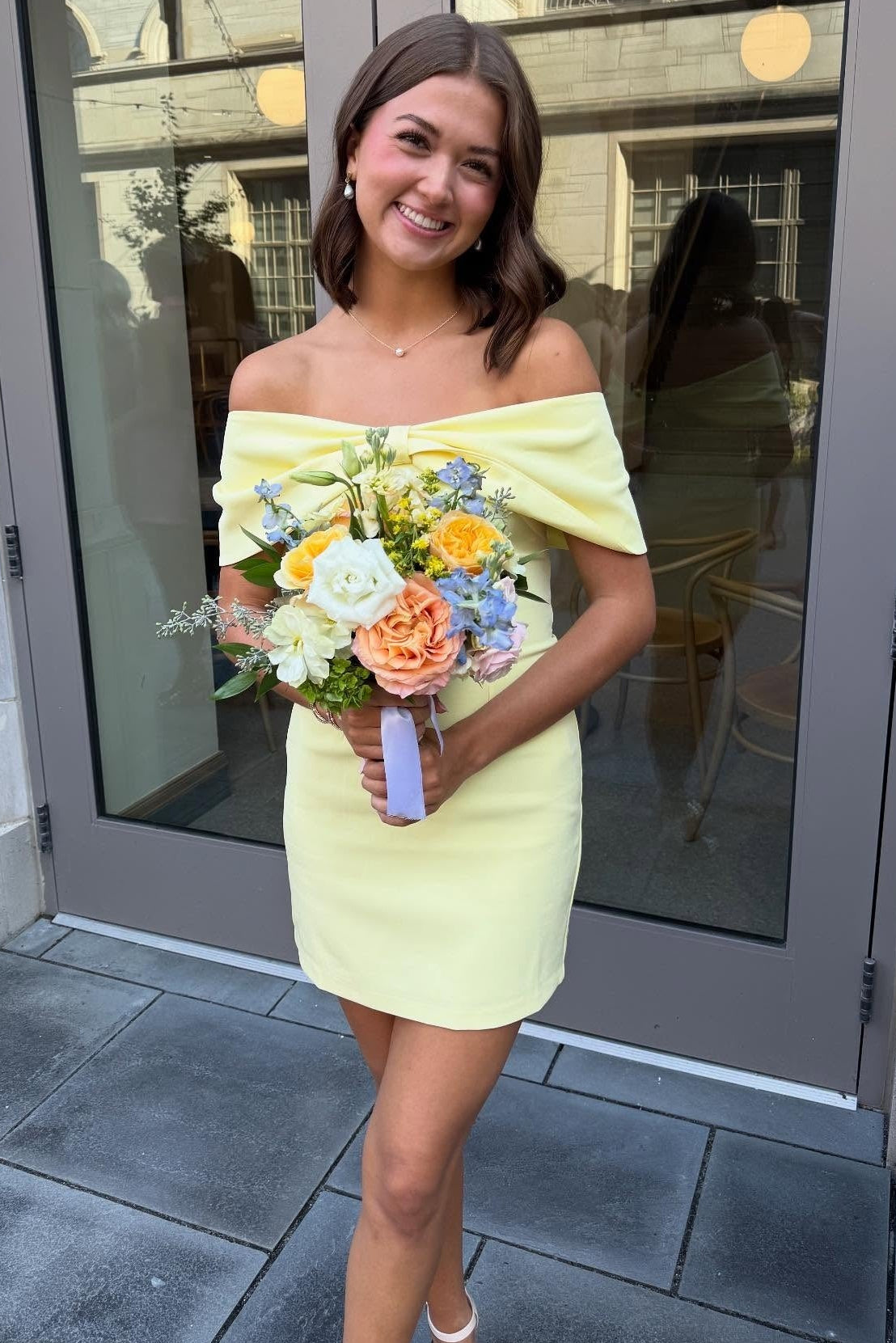 Off-the-Shoulder Crepe Sheath Mini Dress