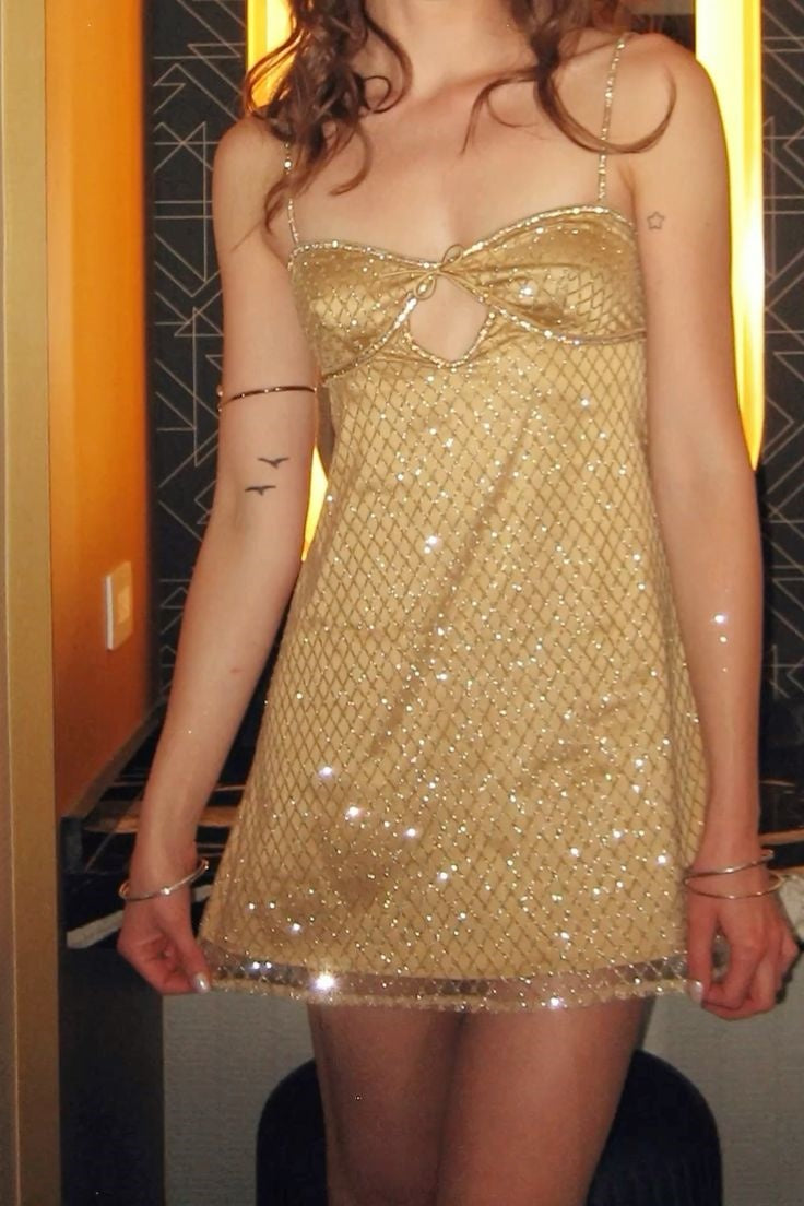Glitter Mesh Keyhole Mini Dress with Open Tie Back