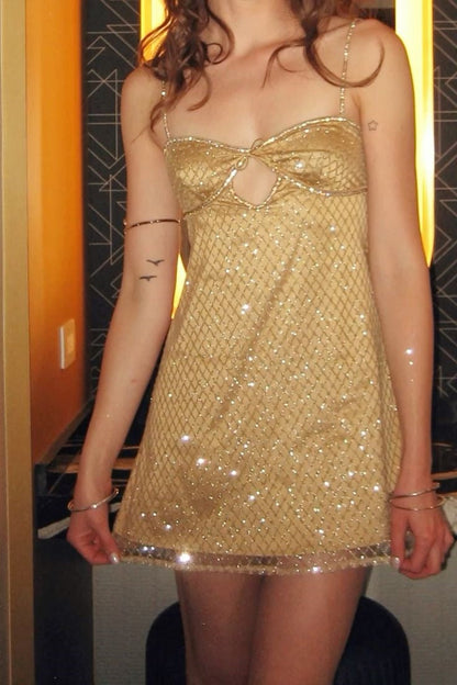 Glitter Mesh Keyhole Mini Dress with Open Tie Back