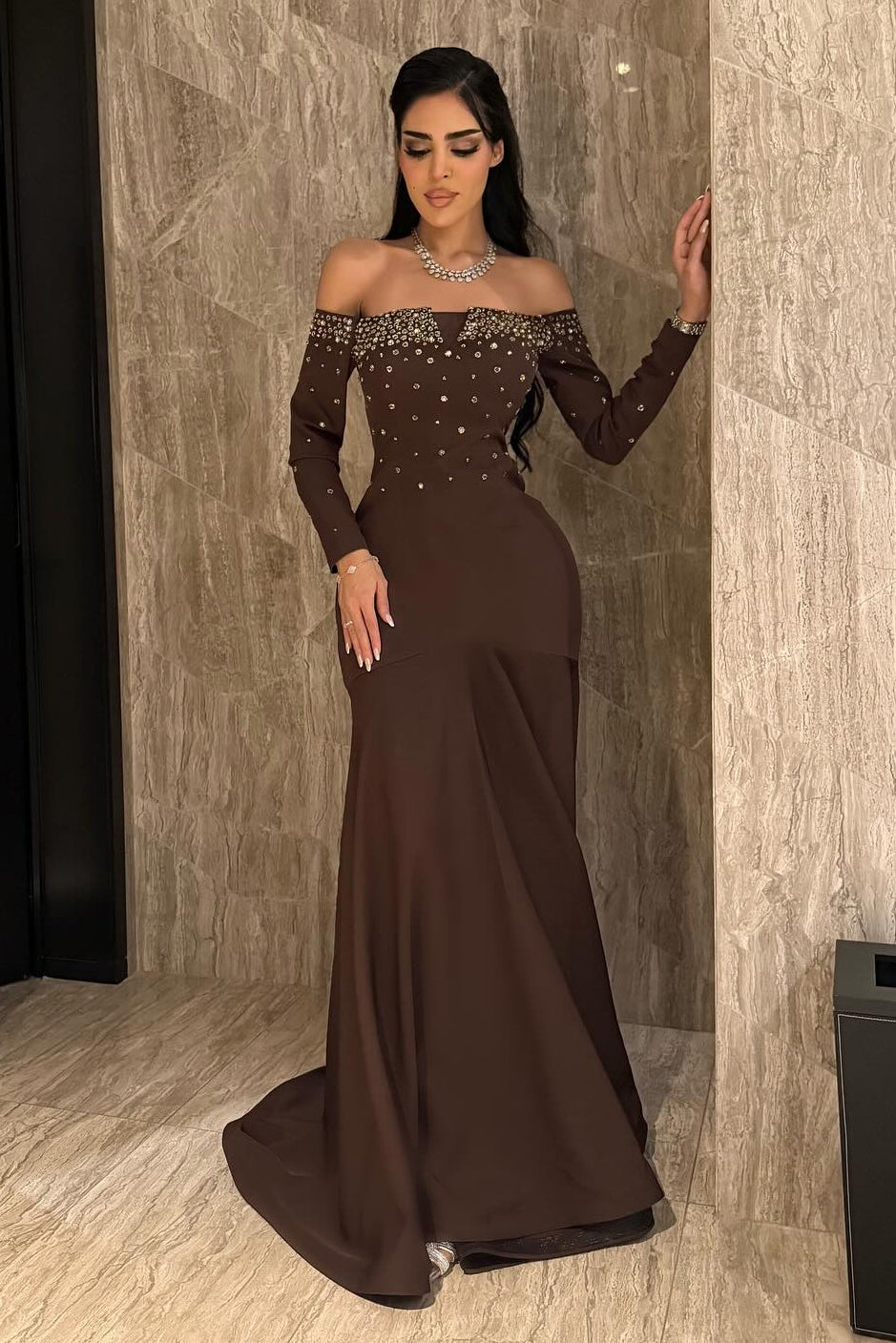 Off-the-Shoulder Beaded Mermaid Gown