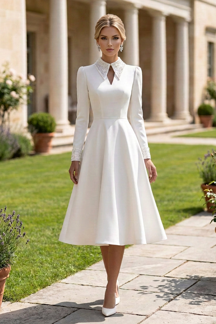 Embellished Collar Long Sleeve A-Line Midi Dress
