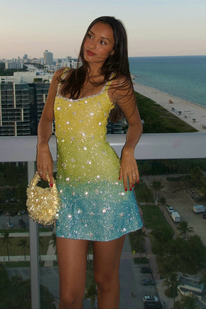 Beaded Ombre Scoop Neck Mini Dress