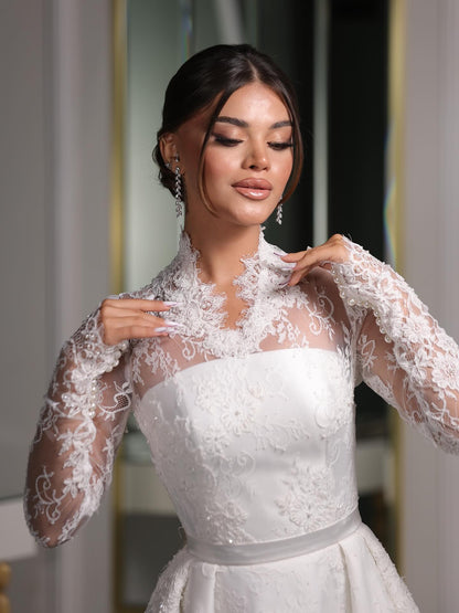 High-Neck Lace A-Line Wedding Dress with Long Sleeves