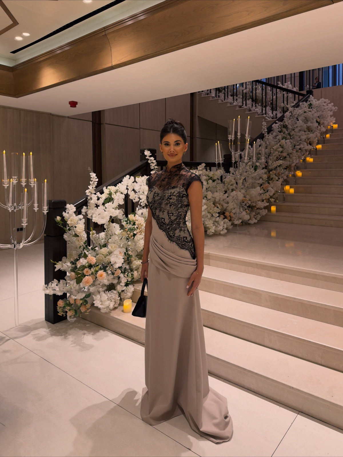 Lace Cap-Sleeve Gown with Draped Waist