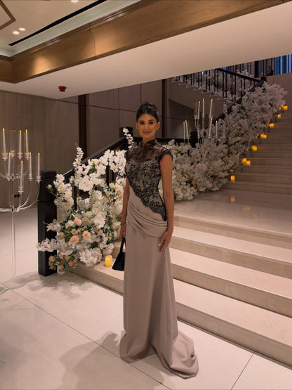 Lace Cap-Sleeve Gown with Draped Waist