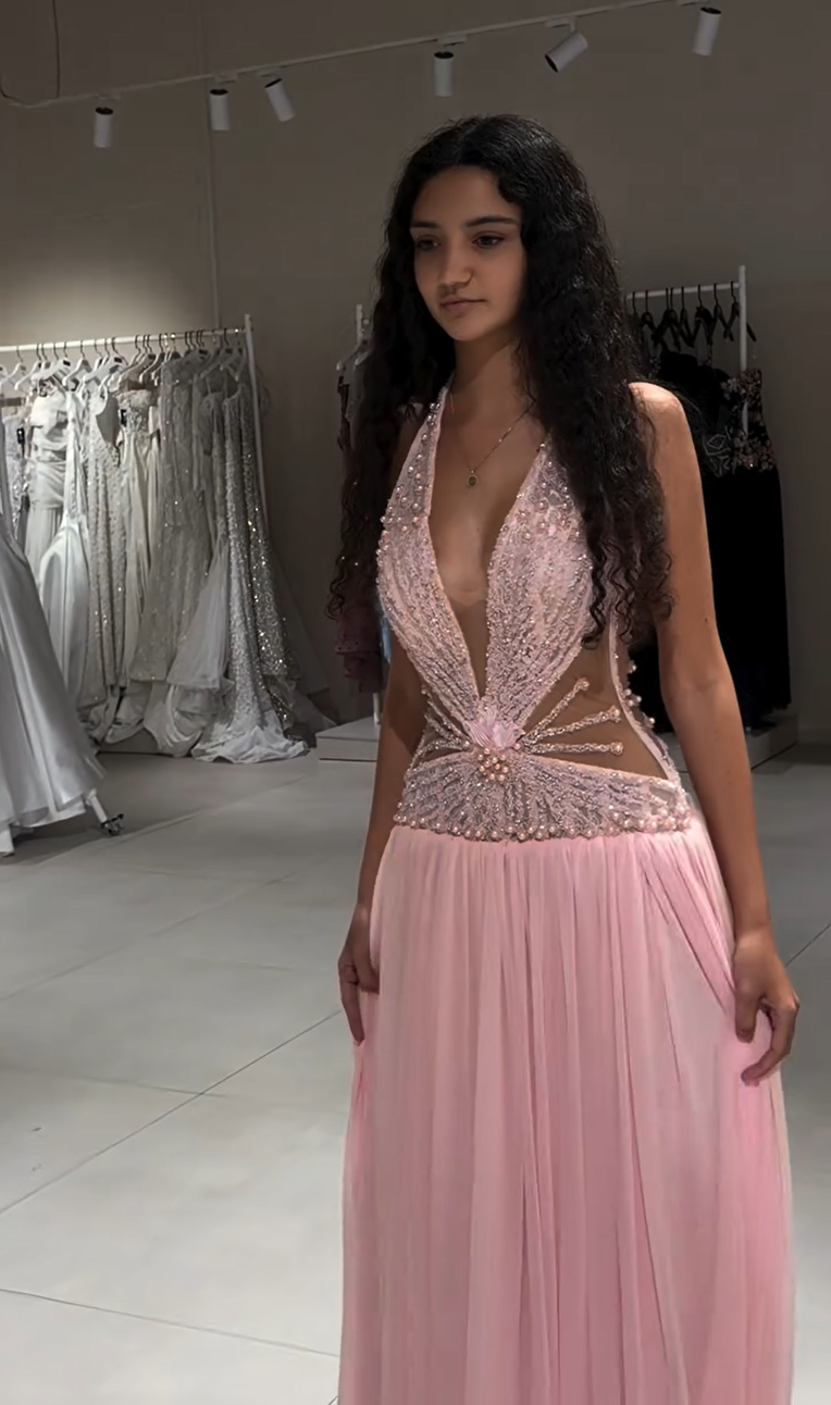 Beaded Halter Cut-Out Evening Gown with Pleated Skirt