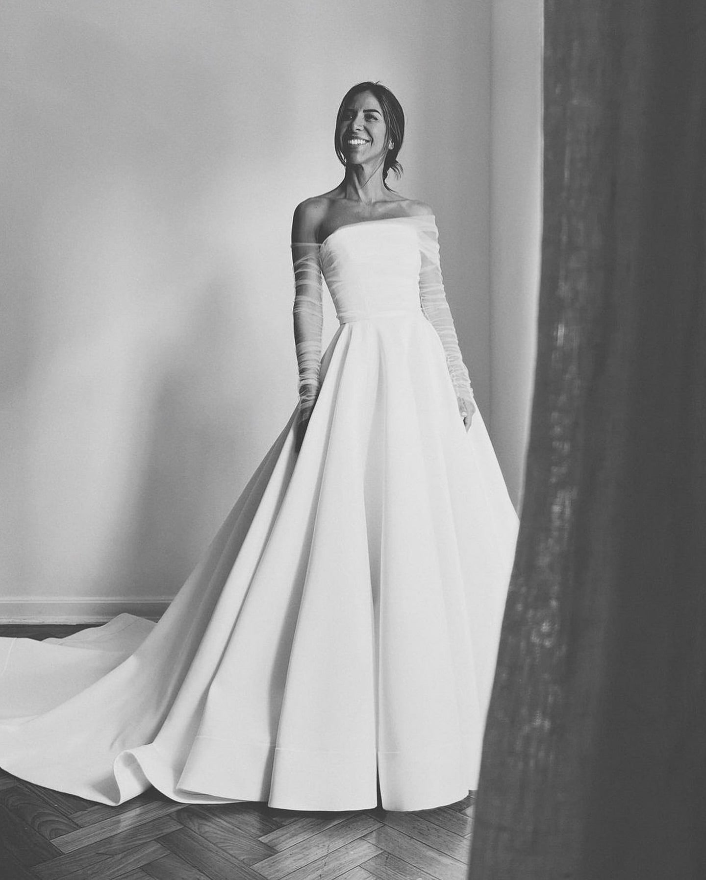 Off-the-Shoulder Ruched Tulle Satin Wedding Dress