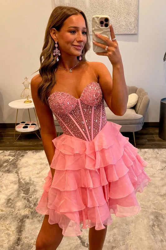 Strapless Beaded Corset Ruffle Mini Dress