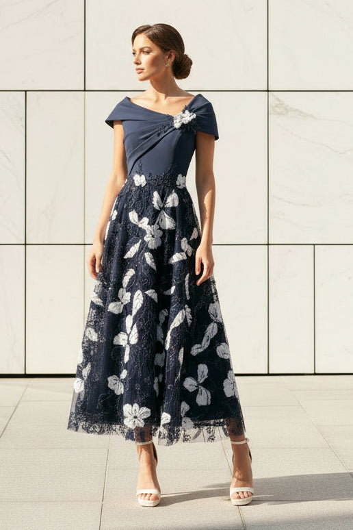 Floral Applique Off-the-Shoulder Midi Dress