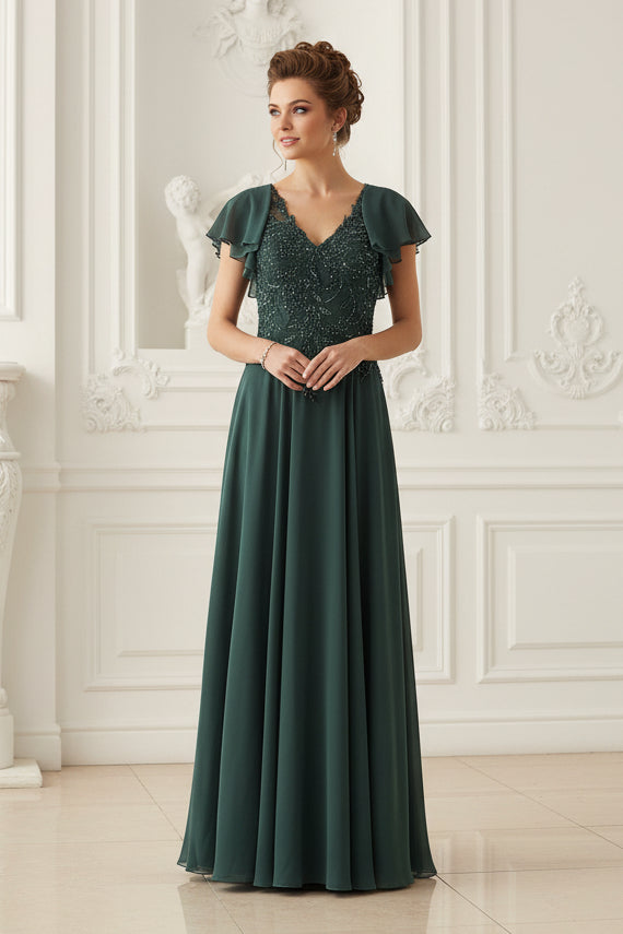 Beaded V-Neck Flutter Sleeve Evening Gown