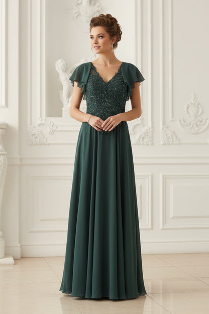 Beaded V-Neck Flutter Sleeve Evening Gown