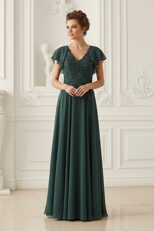 Beaded V-Neck Flutter Sleeve Evening Gown