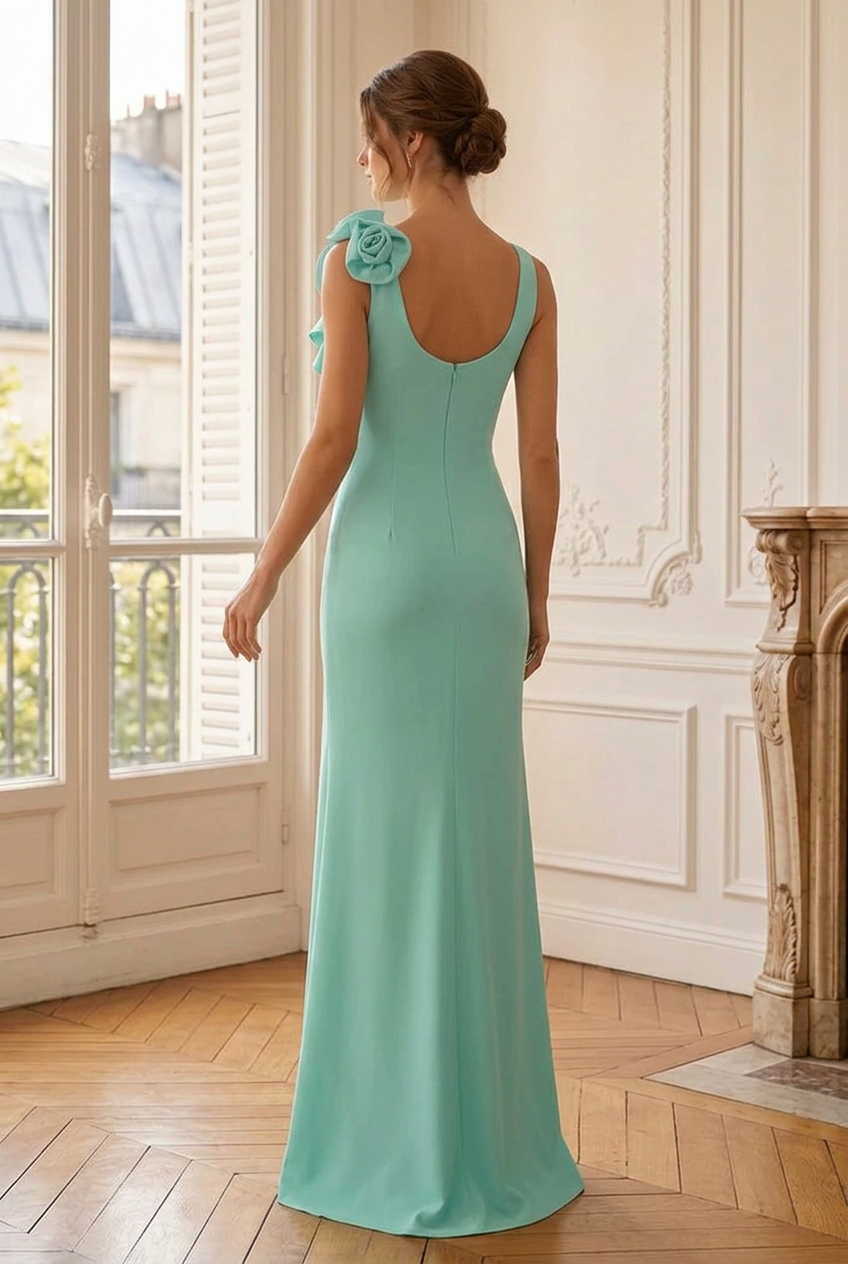 Rosette Ruffle Slit Evening Gown