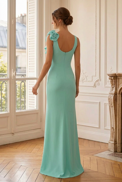 Rosette Ruffle Slit Evening Gown