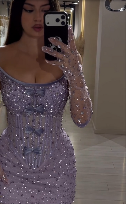 Rhinestone Corset Mini Dress with Bows & Gloves
