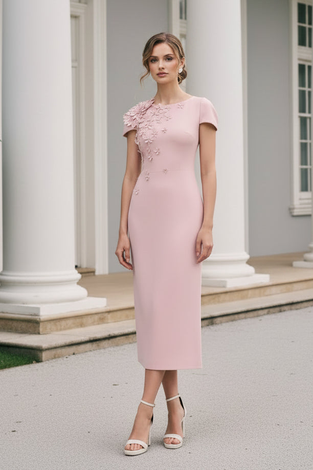 Midi Dress with 3D Floral Appliques & Cap Sleeves