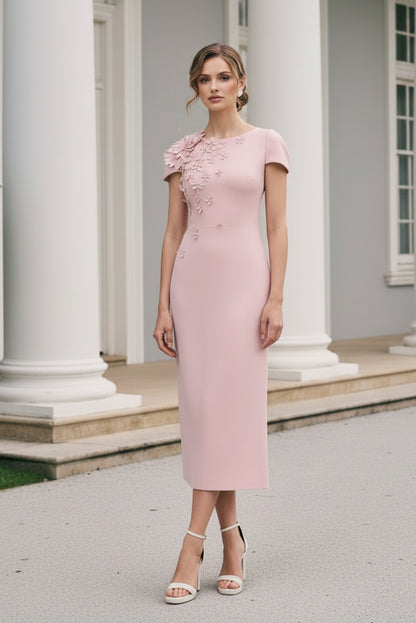 Midi Dress with 3D Floral Appliques & Cap Sleeves