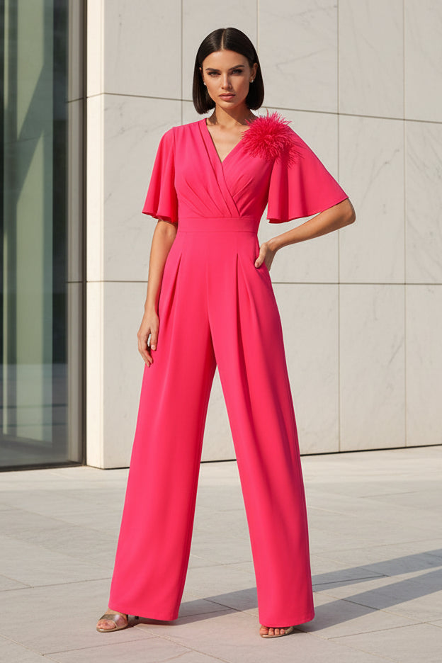 Flutter Sleeve Wide Leg Jumpsuit with 3D Flower