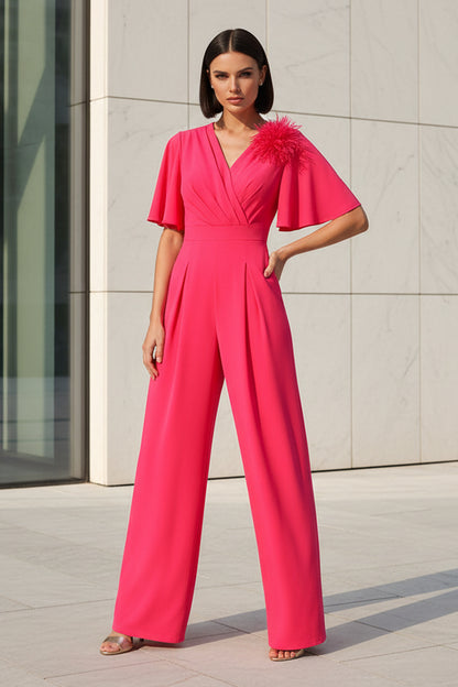Flutter Sleeve Wide Leg Jumpsuit with 3D Flower