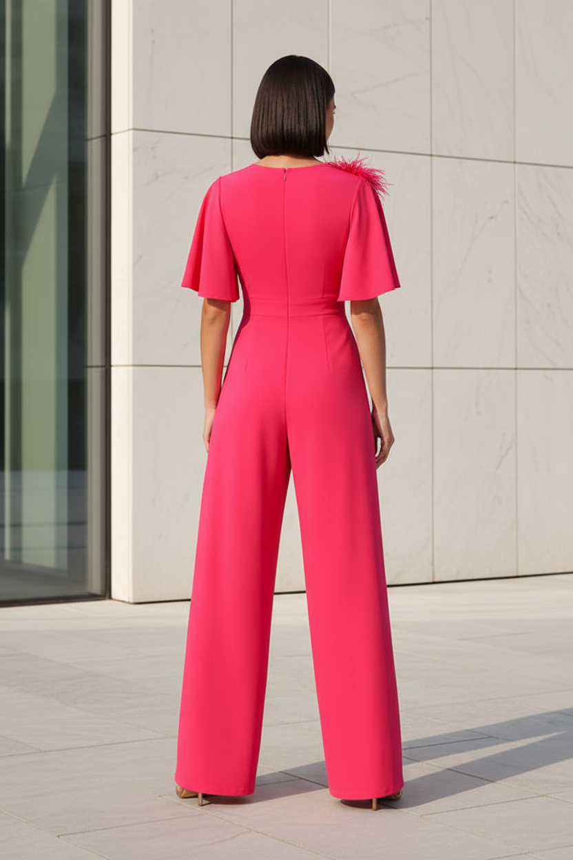 Flutter Sleeve Wide Leg Jumpsuit with 3D Flower