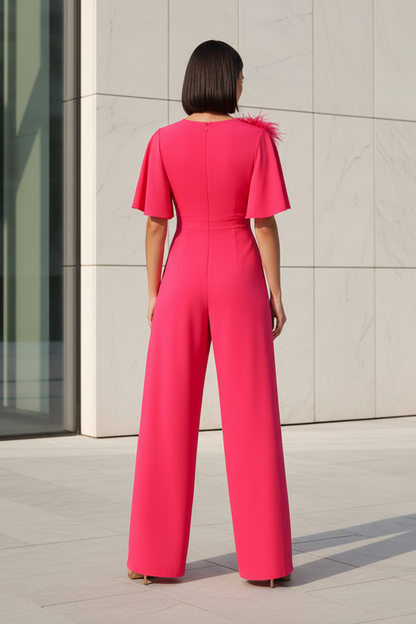 Flutter Sleeve Wide Leg Jumpsuit with 3D Flower