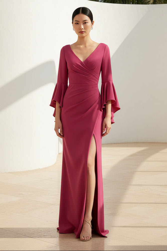 V-Neck Bell Sleeve Slit Evening Gown