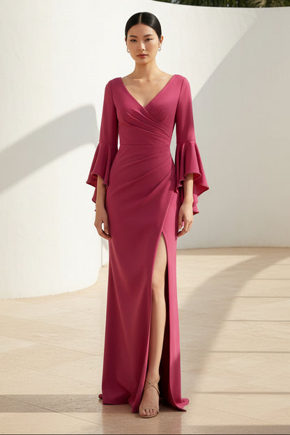 V-Neck Bell Sleeve Slit Evening Gown