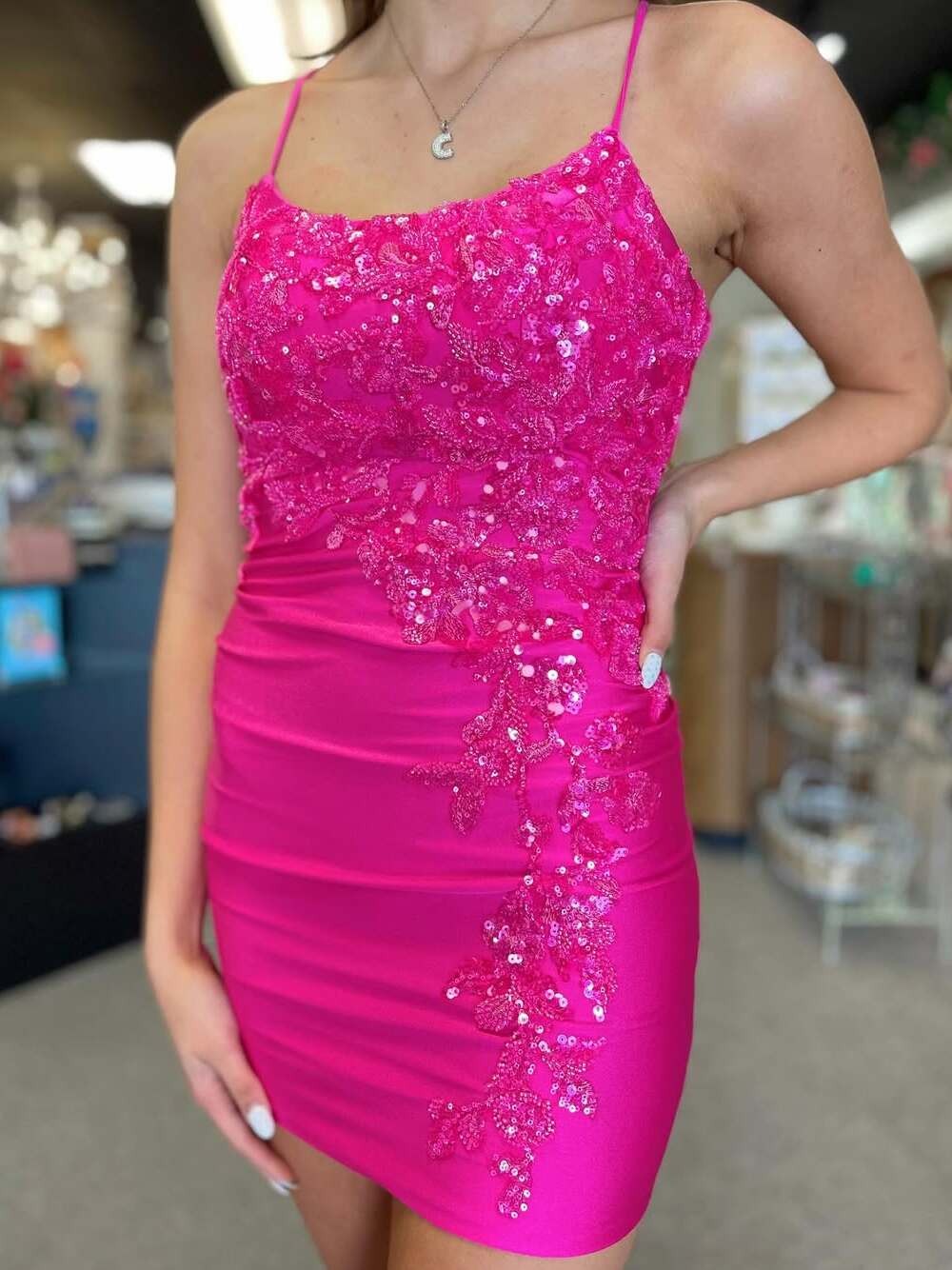 Sequin Applique Lace-Up Bodycon Mini Dress