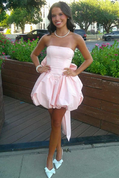 Strapless Bubble Skirt Mini Dress with Back Bow