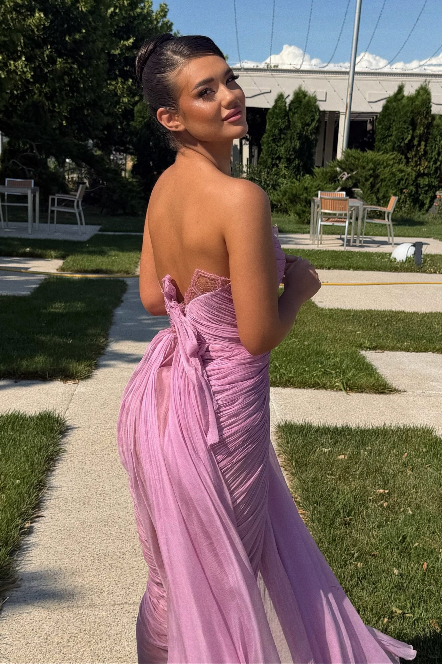Strapless Sweetheart Pleated Evening Gown with Tie Back