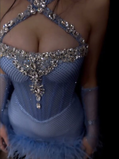 Crystal Halter Corset Mini Dress with Feathers