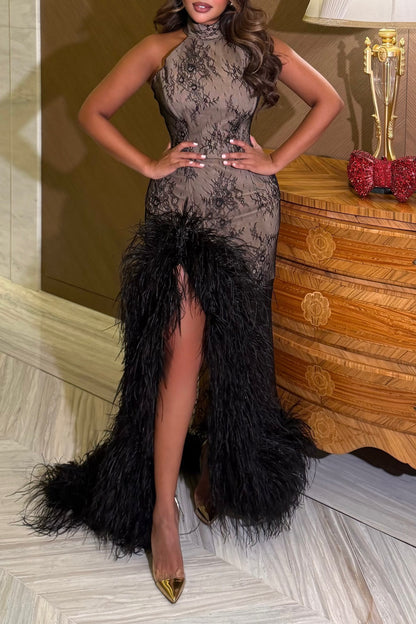 Lace Halter Gown with Feather Trim and Slit