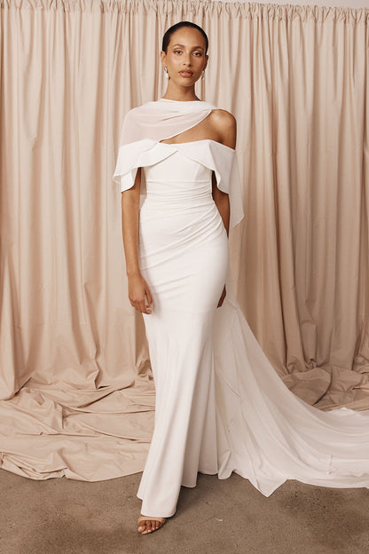 Off-the-Shoulder Ruched Crepe Mermaid Wedding Dress