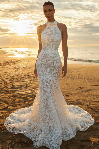 High Neck Lace Mermaid Wedding Dress