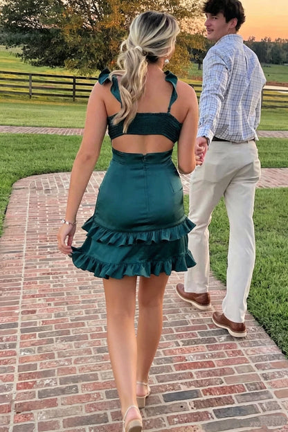 Satin Cut-Out Sweetheart Ruffled Mini Dress