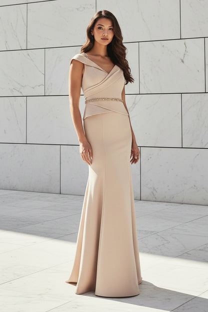 Off Shoulder Mermaid Gown with Beaded Straps & Belt