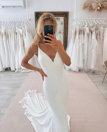Crepe Mermaid Wedding Dress with Lace Train