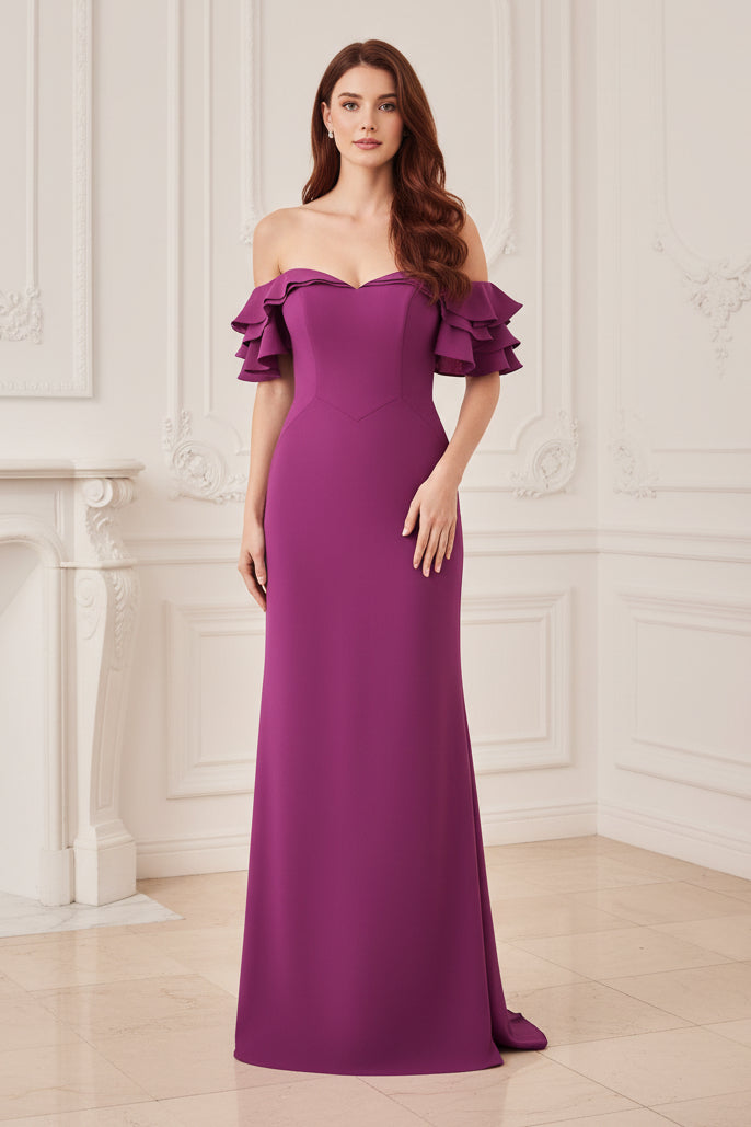 Off-Shoulder Ruffle Sleeve Column Gown