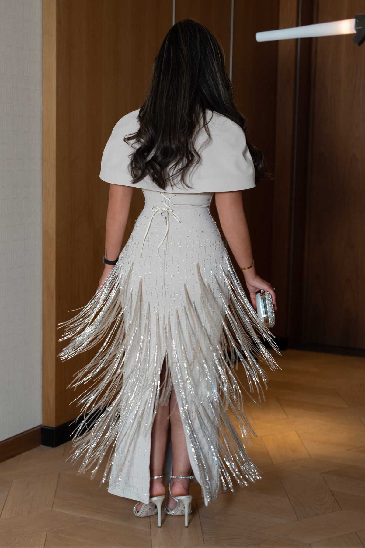Beaded Fringe Column Gown with Capelet