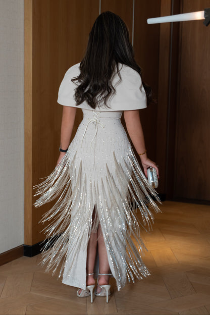 Beaded Fringe Column Gown with Capelet