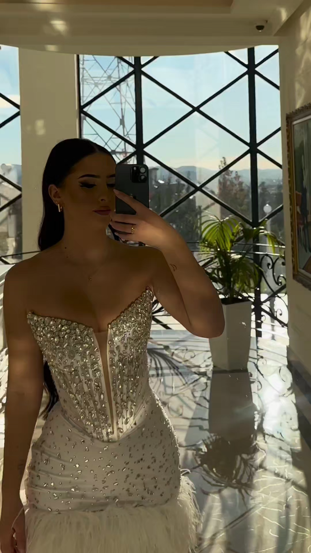 Strapless Beaded Corset Mini Dress with Feather Trim