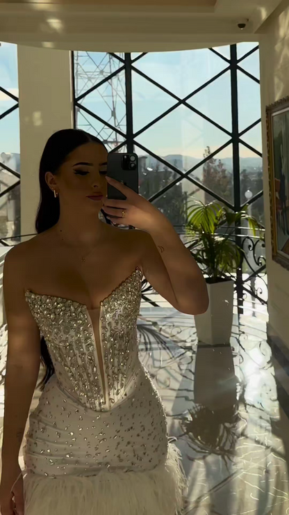Strapless Beaded Corset Mini Dress with Feather Trim