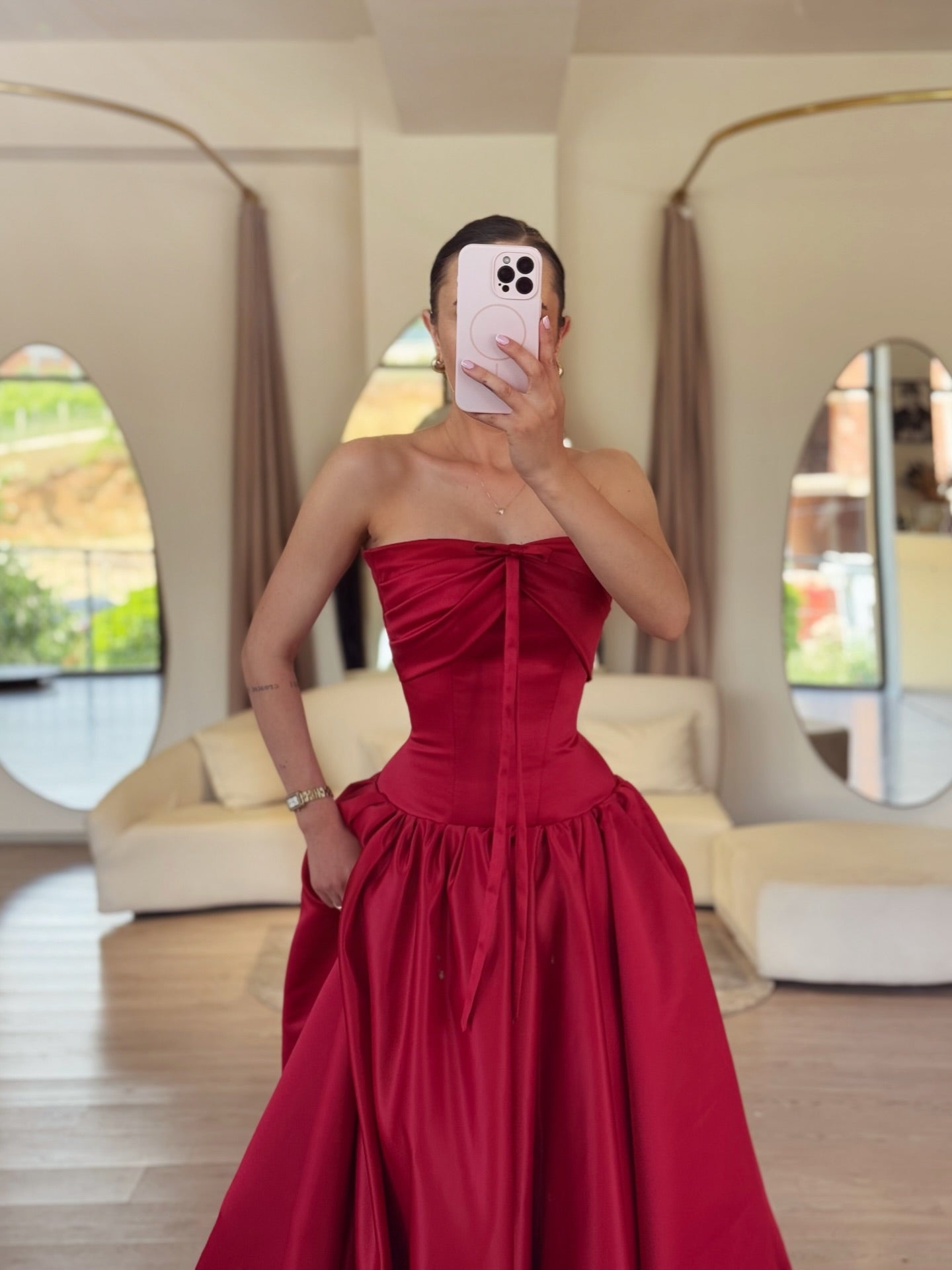 Strapless Satin Corset Ball Gown with Pockets