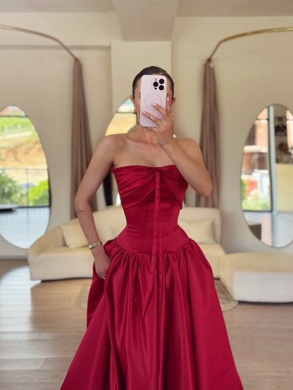 Strapless Satin Corset Ball Gown with Pockets