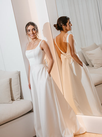 Square Neck A-Line Wedding Dress with Back Bow